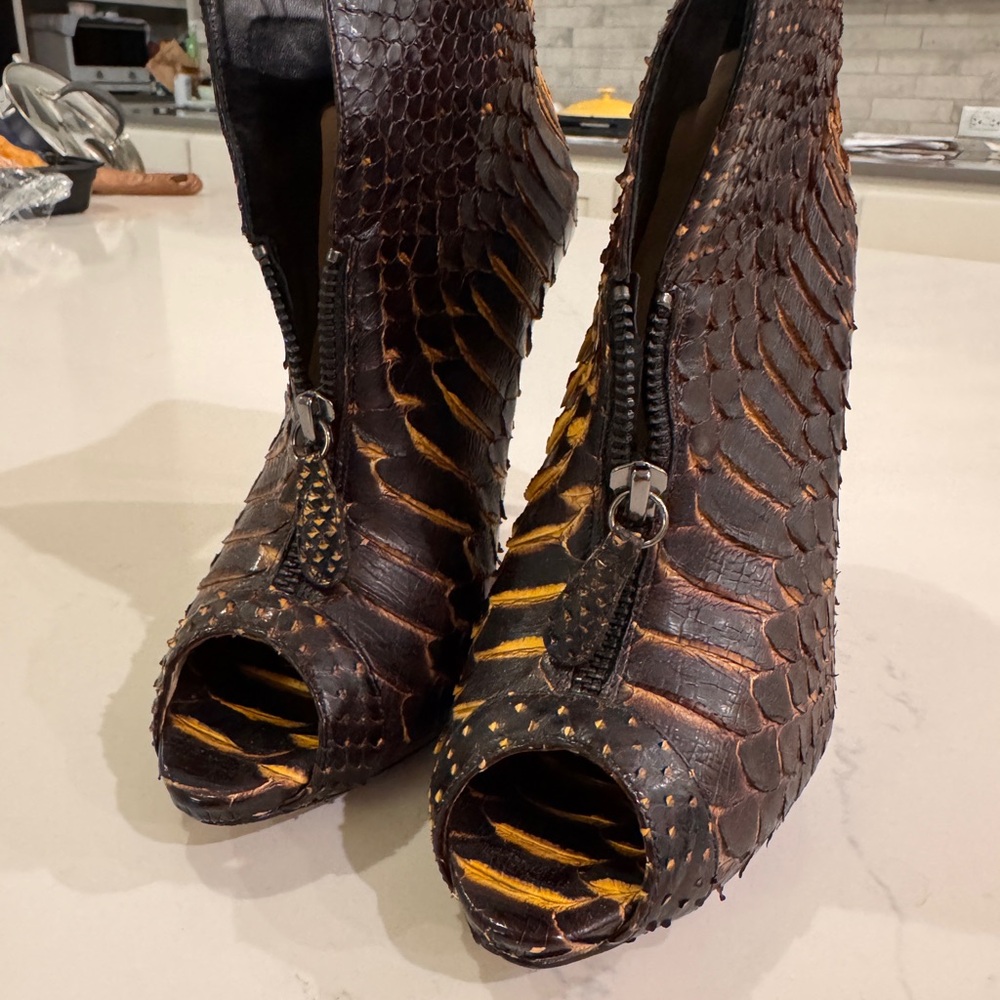 Alexandre Birman Snakeskin Brown Stiletto Heels with Peep-Toe Design